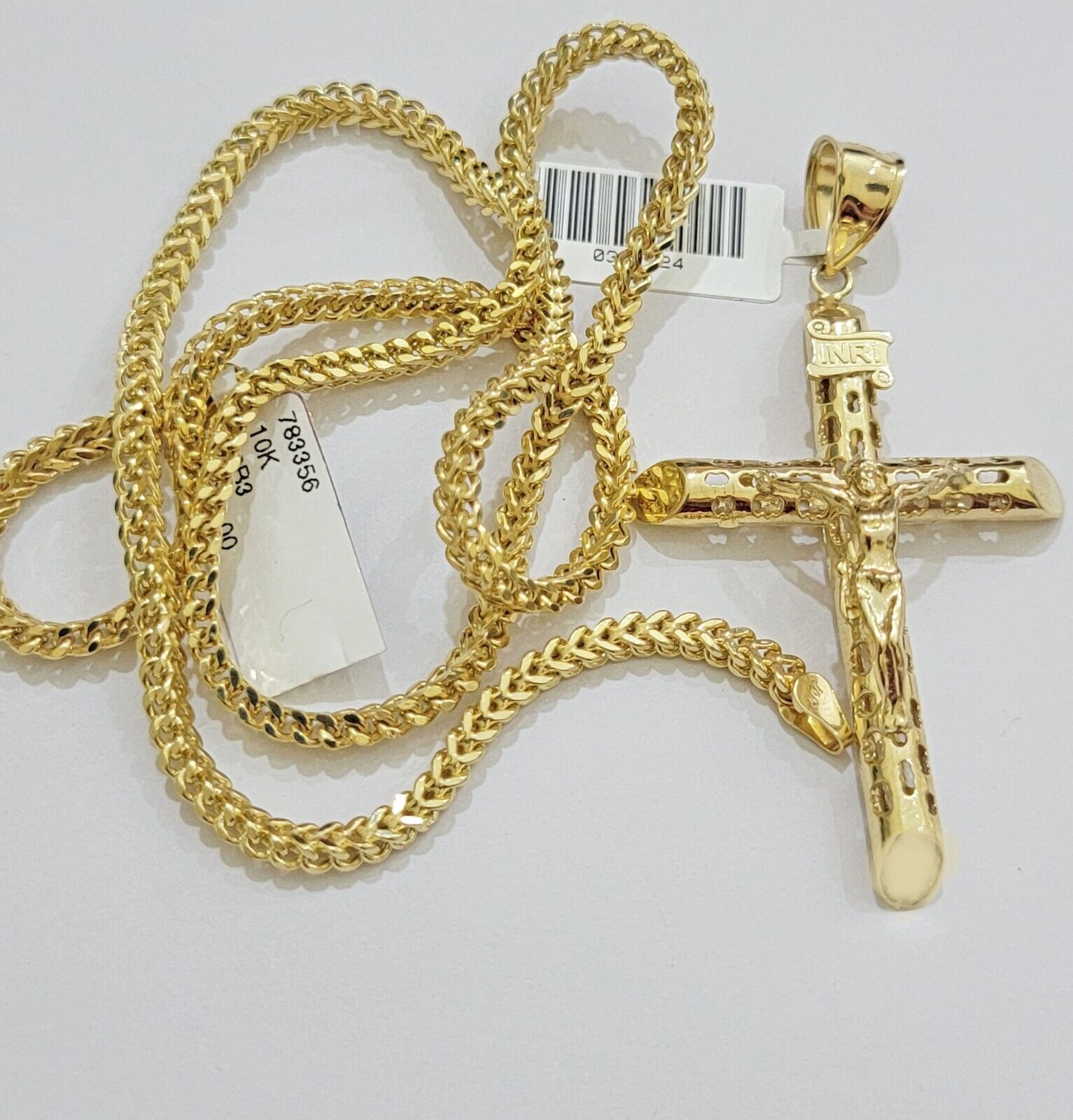 REAL 10k Yellow Gold Cross Pendant Franco Chain Necklace 22 Inch &Jesus Crucifix - Reva Jeweler