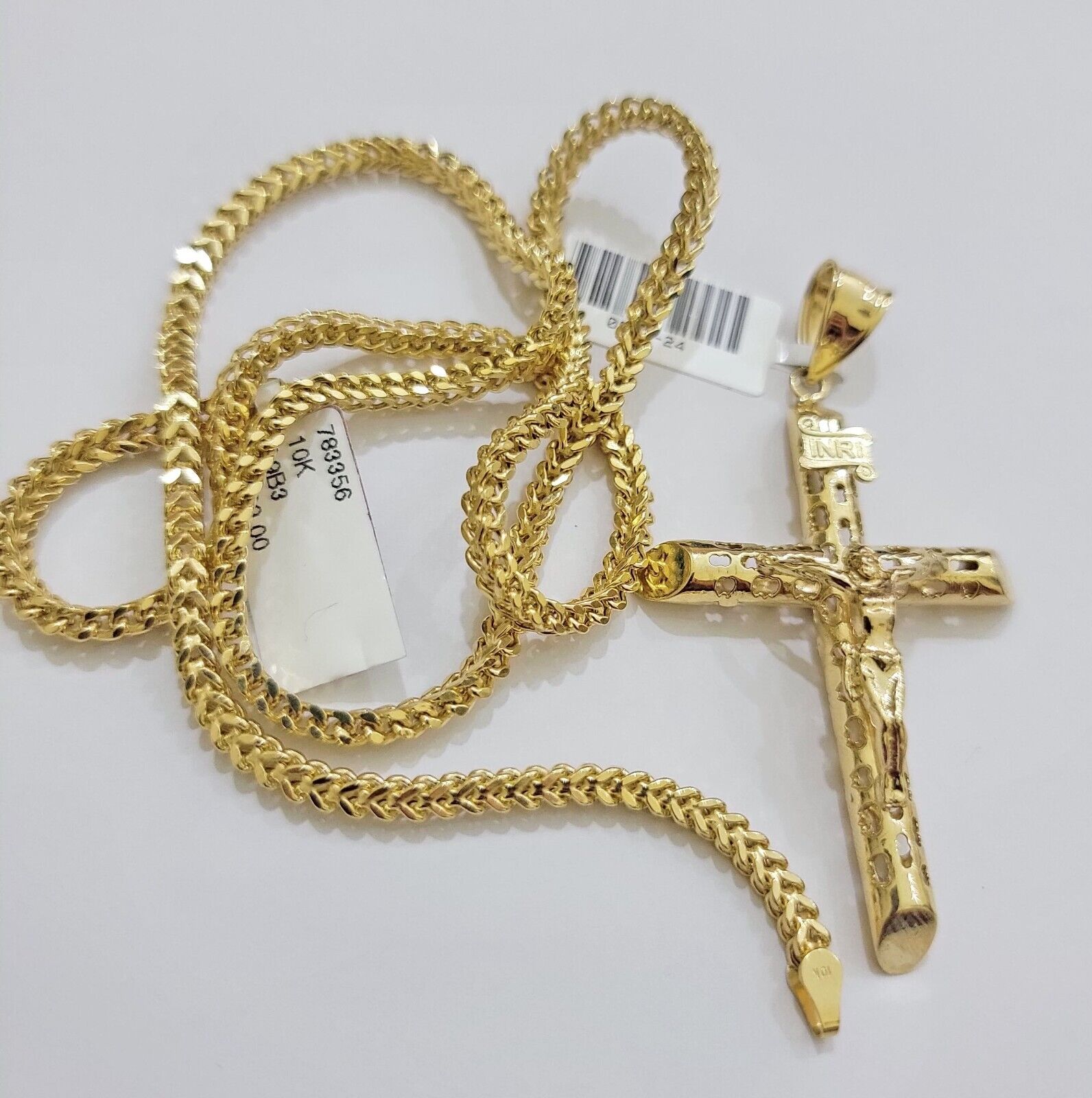 REAL 10k Yellow Gold Cross Pendant Franco Chain Necklace 22 Inch &Jesus Crucifix - Reva Jeweler