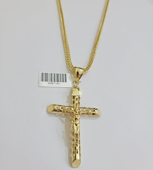 REAL 10k Yellow Gold Cross Pendant Franco Chain Necklace 22 Inch &Jesus Crucifix - Reva Jeweler