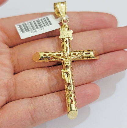 REAL 10k Yellow Gold Cross Pendant Franco Chain Necklace 22 Inch &Jesus Crucifix - Reva Jeweler