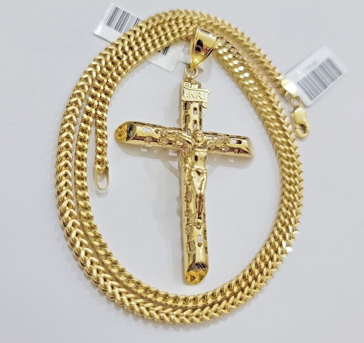 REAL 10k Yellow Gold Cross Pendant Franco Chain Necklace 22 Inch &Jesus Crucifix - Reva Jeweler