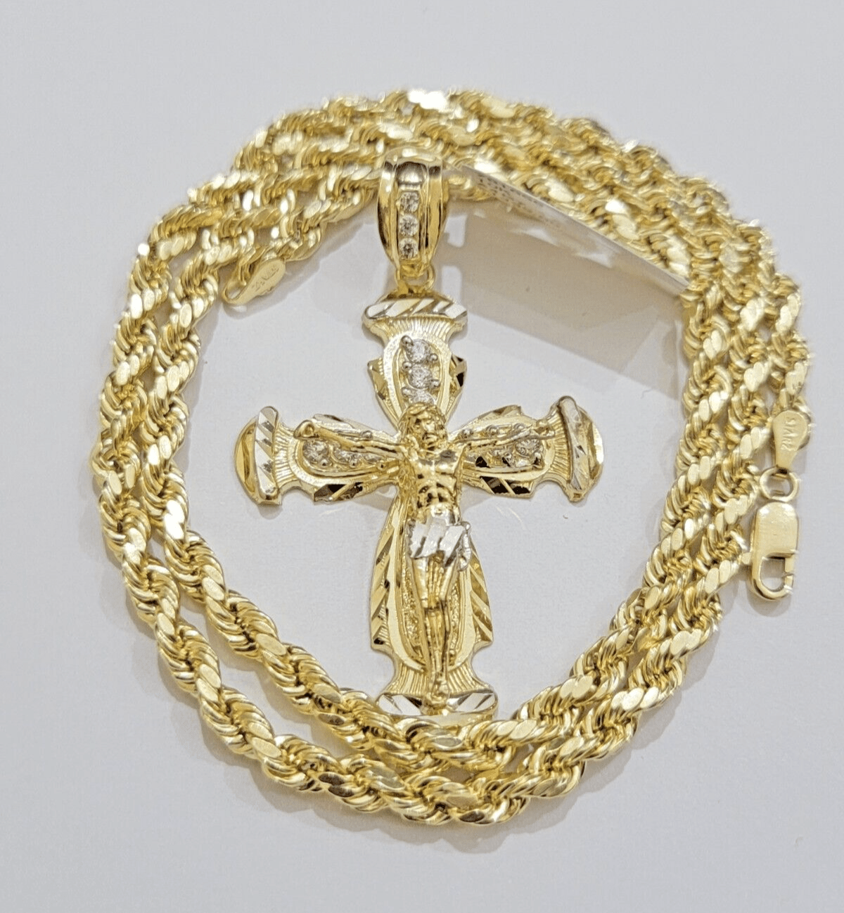 Real 10k Yellow Gold Cross pendant With Rope Chain Necklace 5mm 20" SET Charm - Reva Jeweler