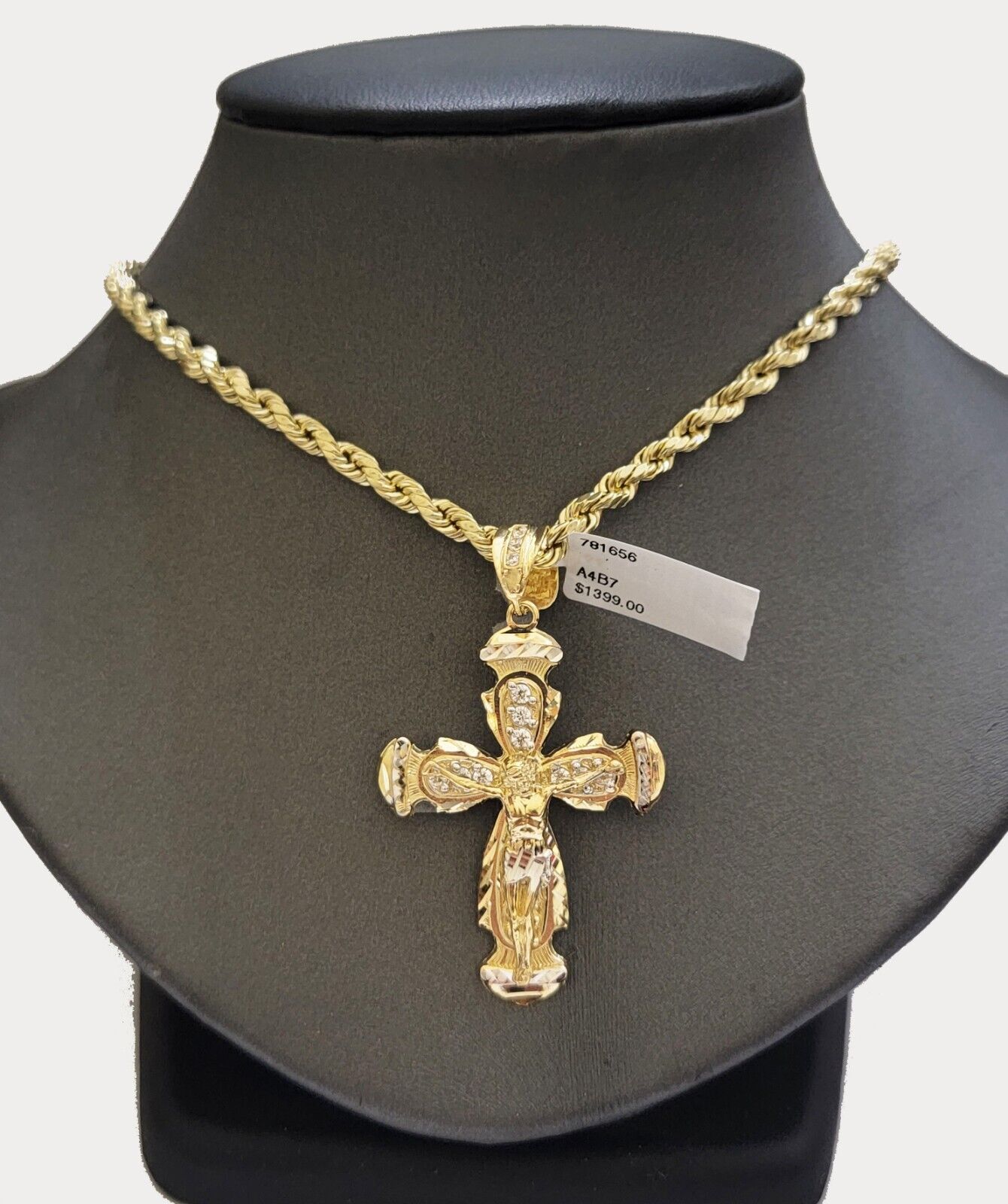 Real 10k Yellow Gold Cross pendant With Rope Chain Necklace 5mm 26" SET Charm - Reva Jeweler
