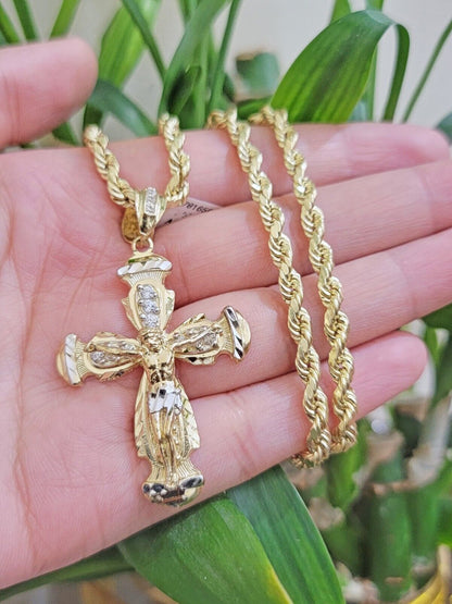 Real 10k Yellow Gold Cross pendant With Rope Chain Necklace 5mm 26" SET Charm - Reva Jeweler
