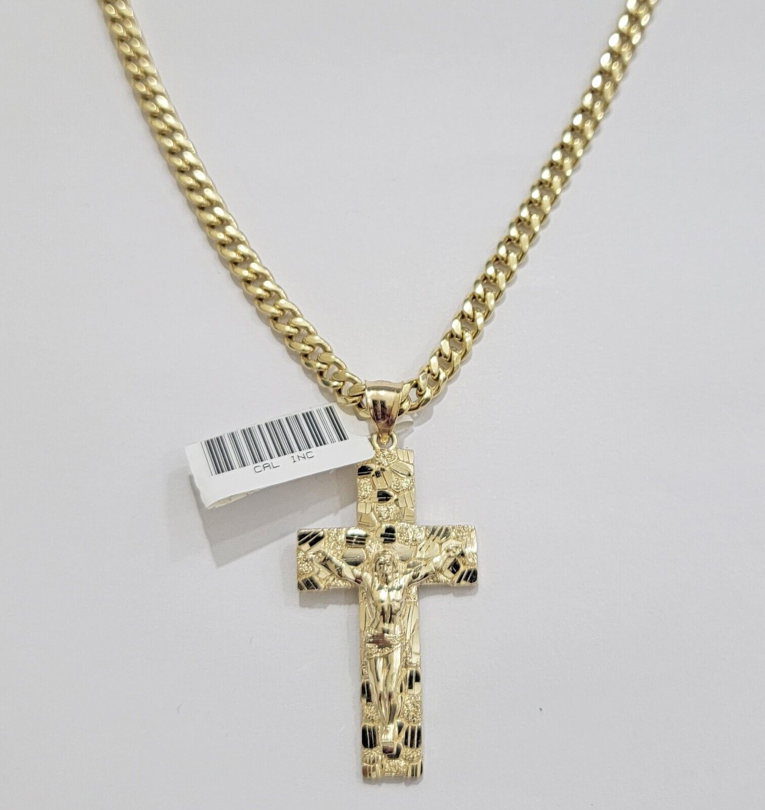 REAL 10k Yellow Gold Cuban link Chain Nugget Charm Pendant Necklace 5mm 24" Inch - Reva Jeweler