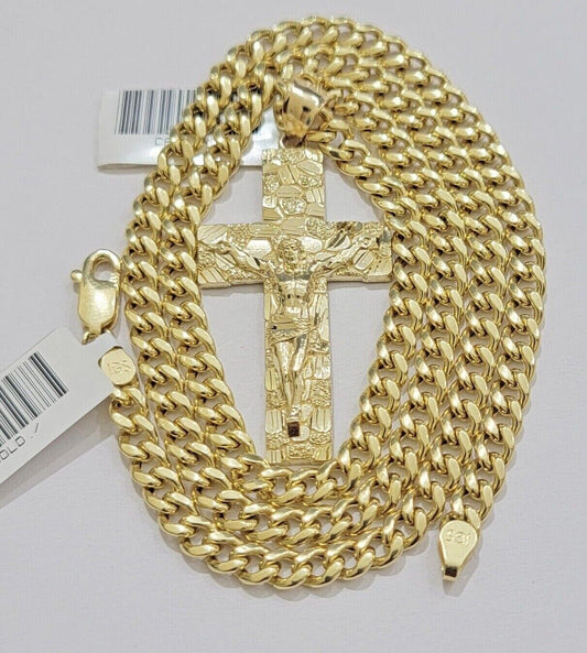 REAL 10k Yellow Gold Cuban link Chain Nugget Charm Pendant Necklace 5mm 24" Inch - Reva Jeweler