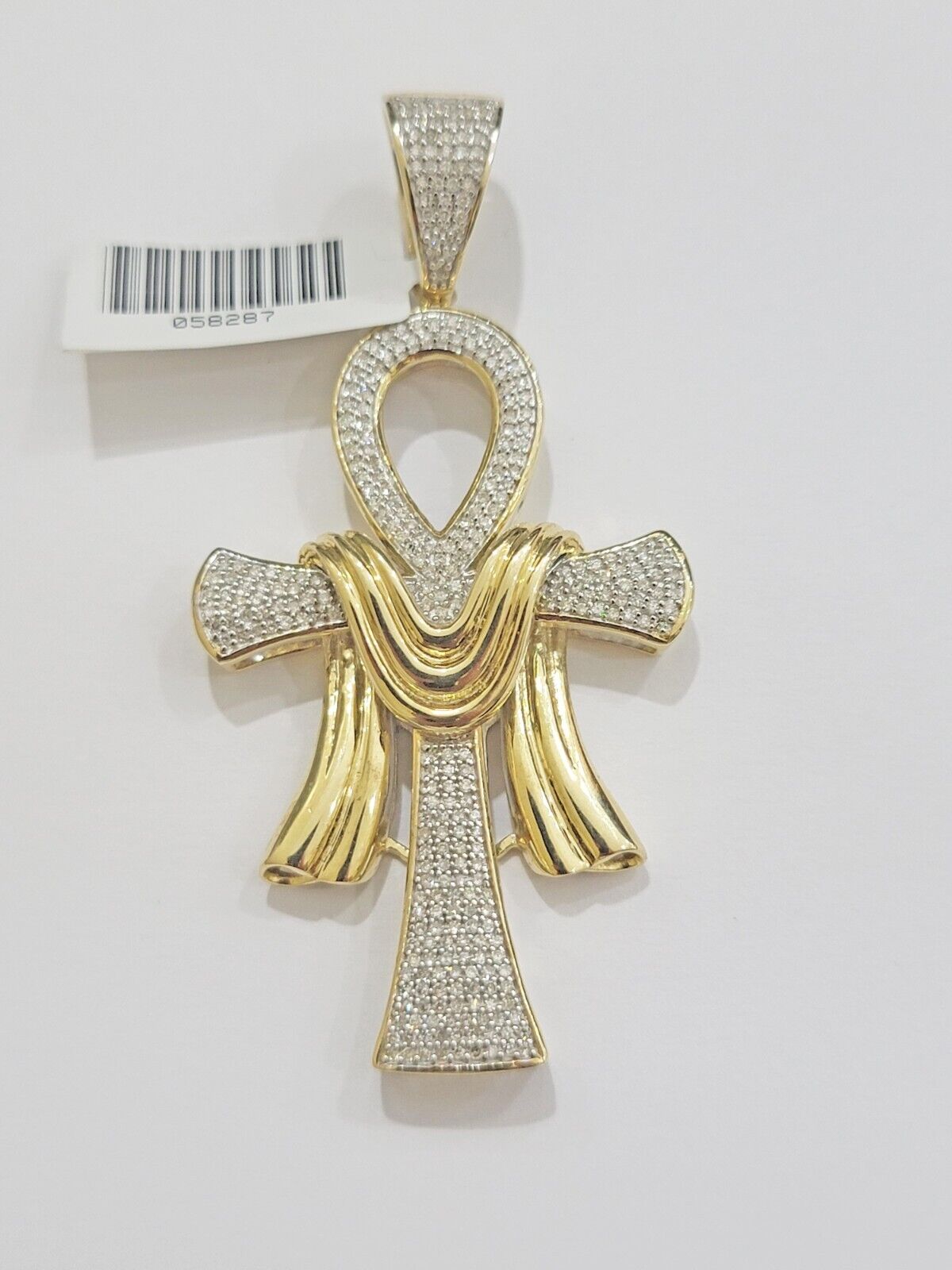 Real 10k Yellow Gold Diamond Ankh Cross Charm Pendant 0.80 CT Mens 2.5Inch - Reva Jeweler