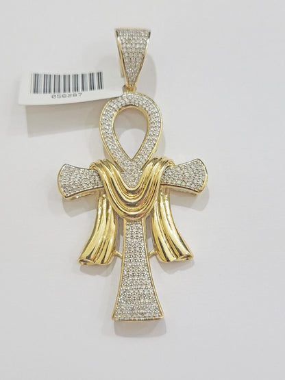 Real 10k Yellow Gold Diamond Ankh Cross Charm Pendant 0.80 CT Mens 2.5Inch - Reva Jeweler