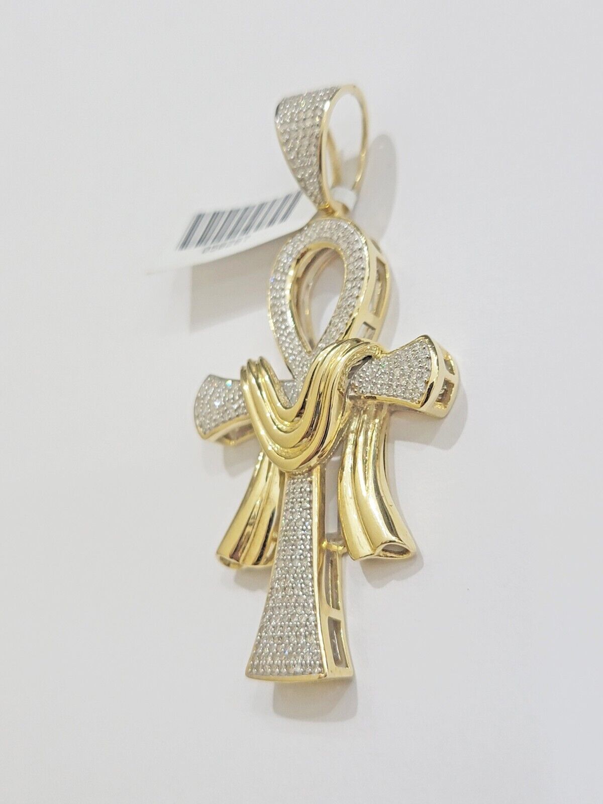 Real 10k Yellow Gold Diamond Ankh Cross Charm Pendant 0.80 CT Mens 2.5Inch - Reva Jeweler