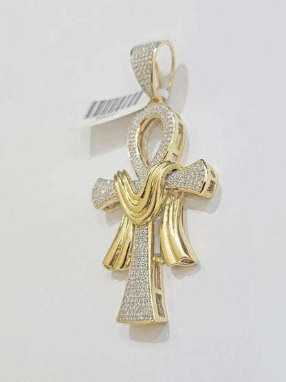 Real 10k Yellow Gold Diamond Ankh Cross Charm Pendant 0.80 CT Mens 2.5Inch - Reva Jeweler