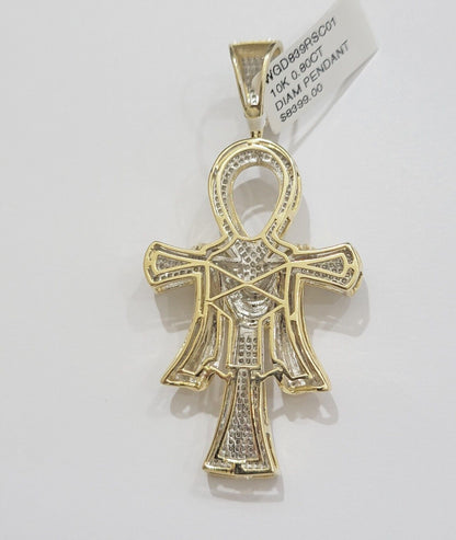 Real 10k Yellow Gold Diamond Ankh Cross Charm Pendant 0.80 CT Mens 2.5Inch - Reva Jeweler