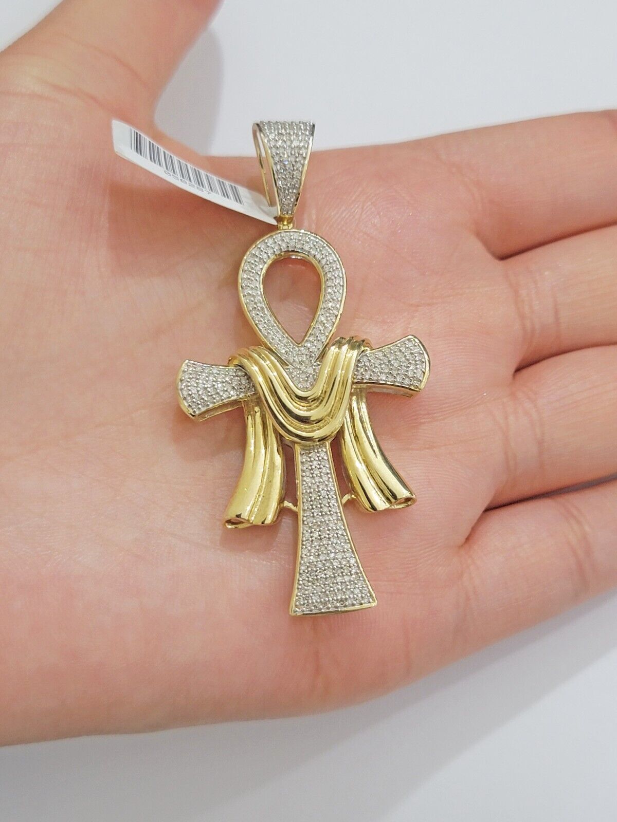 Real 10k Yellow Gold Diamond Ankh Cross Charm Pendant 0.80 CT Mens 2.5Inch - Reva Jeweler