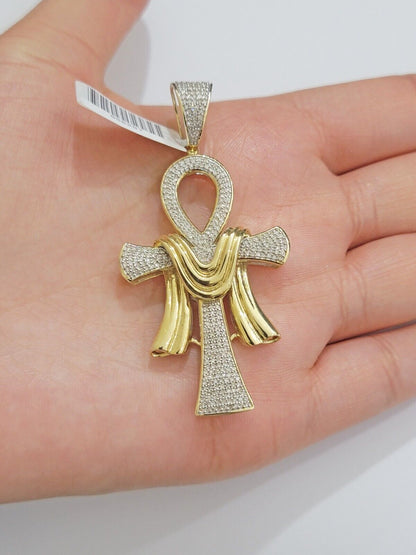 Real 10k Yellow Gold Diamond Ankh Cross Charm Pendant 0.80 CT Mens 2.5Inch - Reva Jeweler