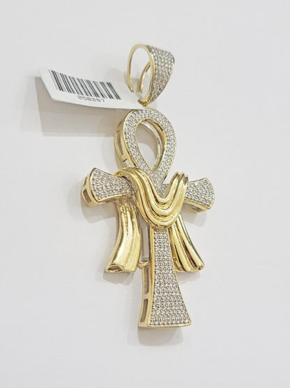Real 10k Yellow Gold Diamond Ankh Cross Charm Pendant 0.80 CT Mens 2.5Inch - Reva Jeweler