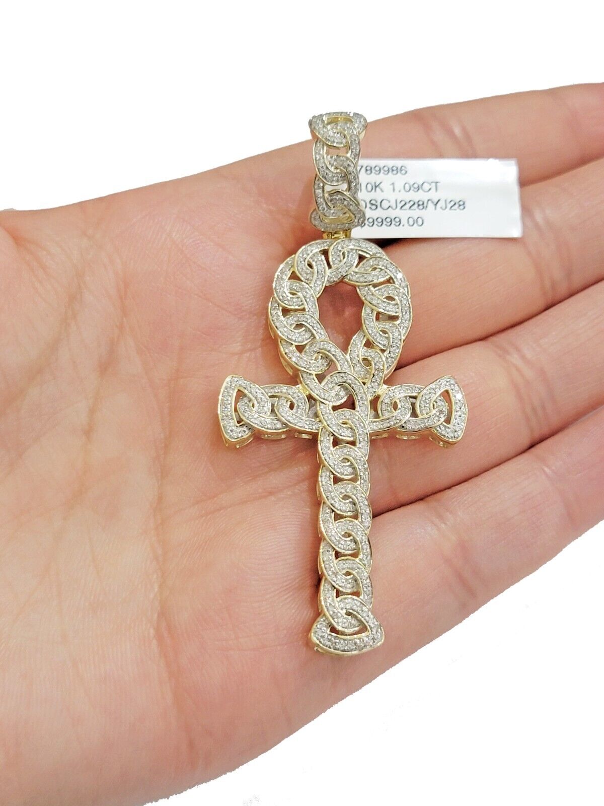 Real 10k Yellow Gold Diamond Ankh Cross Charm Pendant 1.08 CT Mens 2.5Inch - Reva Jeweler