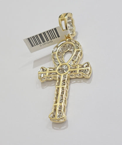 Real 10k Yellow Gold Diamond Ankh Cross Charm Pendant 1.08 CT Mens 2.5Inch - Reva Jeweler