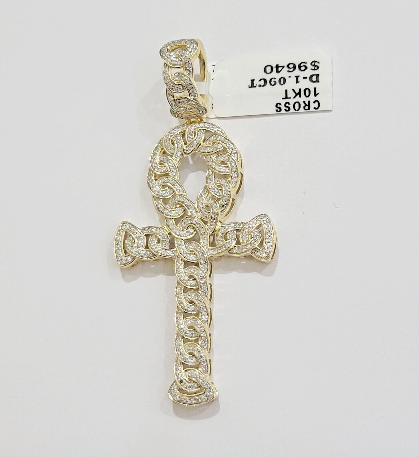 Real 10k Yellow Gold Diamond Ankh Cross Charm Pendant 1.08 CT Mens 2.5Inch - Reva Jeweler