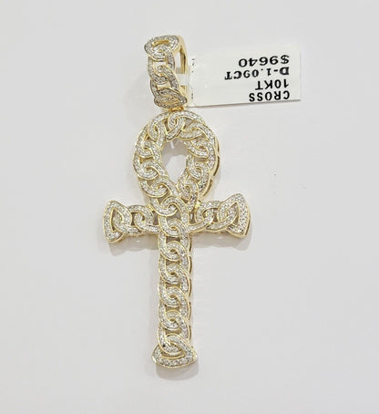 Real 10k Yellow Gold Diamond Ankh Cross Charm Pendant 1.08 CT Mens 2.5Inch - Reva Jeweler