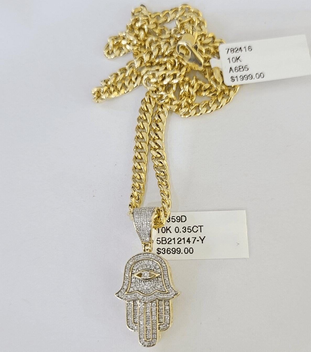 Real 10k Yellow Gold Diamond Charm Hamsa Hand Pendant& Cuban Link Chain Neckalce - Reva Jeweler