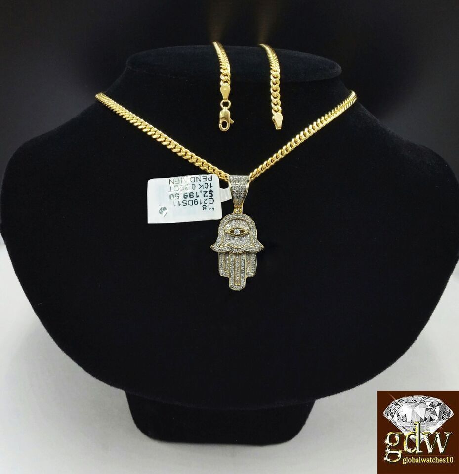 Real 10k Yellow Gold Diamond Charm Hamsa Hand Pendant& Cuban Link Chain Neckalce - Reva Jeweler