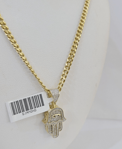 Real 10k Yellow Gold Diamond Charm Hamsa Hand Pendant& Cuban Link Chain Neckalce - Reva Jeweler