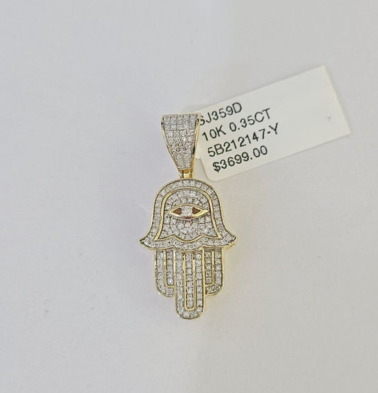 Real 10k Yellow Gold Diamond Charm Hamsa Hand Pendant& Cuban Link Chain Neckalce - Reva Jeweler
