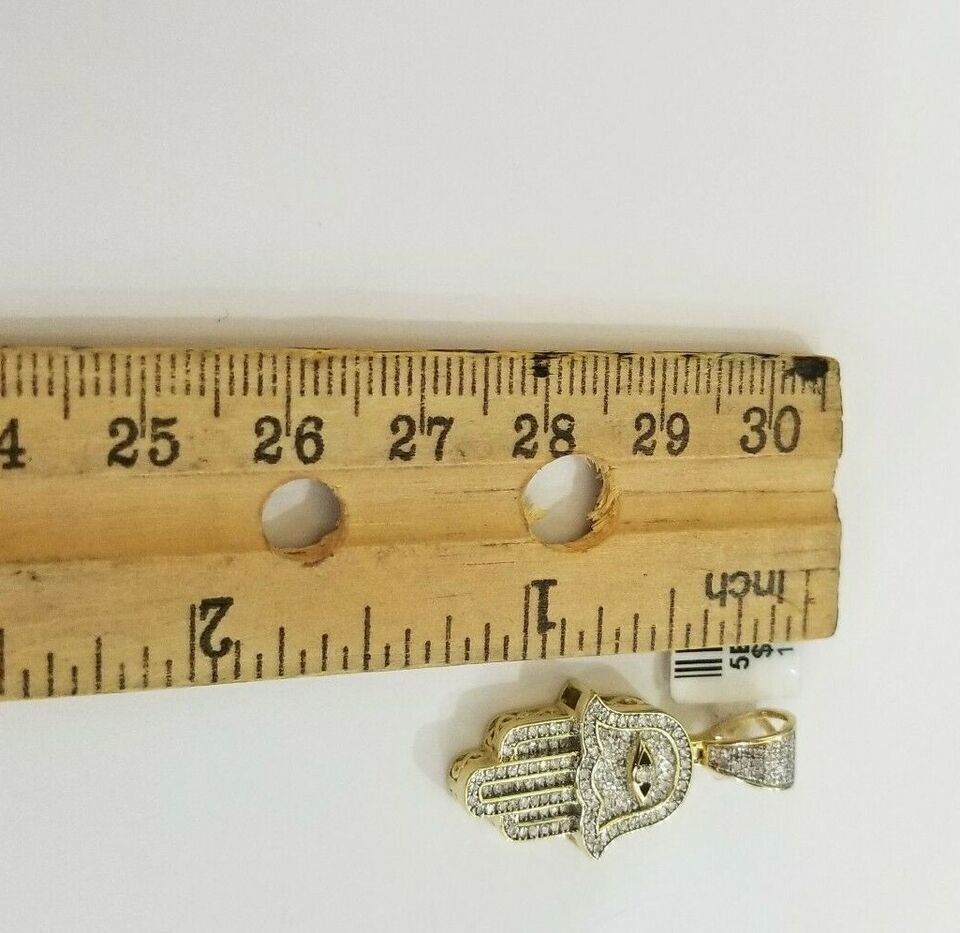 Real 10k Yellow Gold Diamond Charm Hamsa Hand Pendant& Cuban Link Chain Neckalce - Reva Jeweler