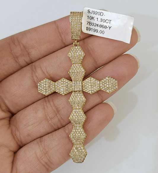 Real 10k Yellow Gold Diamond Cross Charm Men Women Pendant Genuine 2.5" - Reva Jeweler