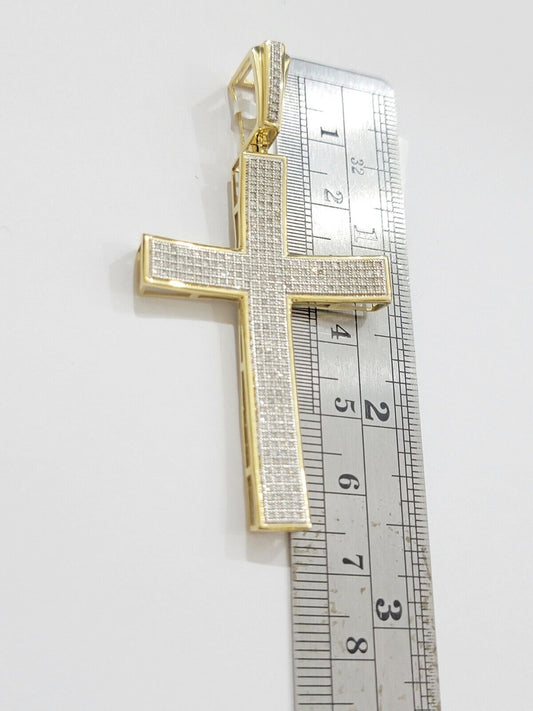 Real 10k Yellow Gold Diamond Cross Charm Pendant 0.75 CT Men Jesus Cross 2.5Inch - Reva Jeweler