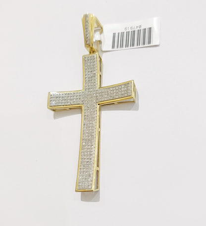 Real 10k Yellow Gold Diamond Cross Charm Pendant 0.75 CT Men Jesus Cross 2.5Inch - Reva Jeweler