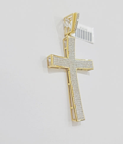 Real 10k Yellow Gold Diamond Cross Charm Pendant 0.75 CT Men Jesus Cross 2.5Inch - Reva Jeweler