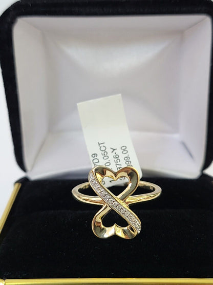 Real 10k Yellow Gold Diamond Ladies Ring 2 Hearts Women Engagement Wedding - Reva Jeweler