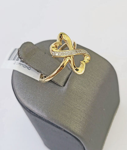 Real 10k Yellow Gold Diamond Ladies Ring 2 Hearts Women Engagement Wedding - Reva Jeweler