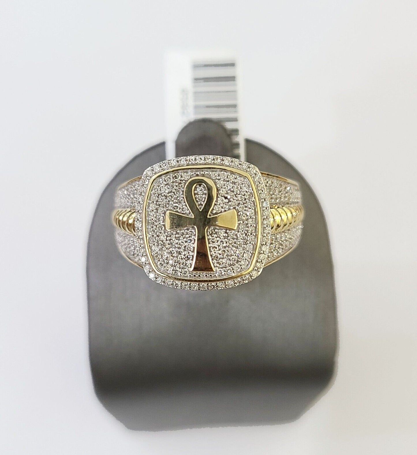 Real 10k Yellow Gold Diamond Mens Ring Ankh Cross Band Wedding Genuine Natural - Reva Jeweler