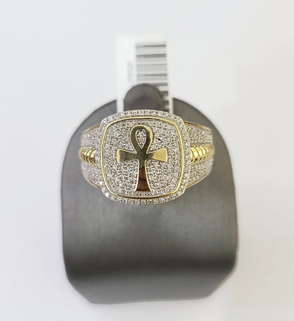Real 10k Yellow Gold Diamond Mens Ring Ankh Cross Band Wedding Genuine Natural - Reva Jeweler