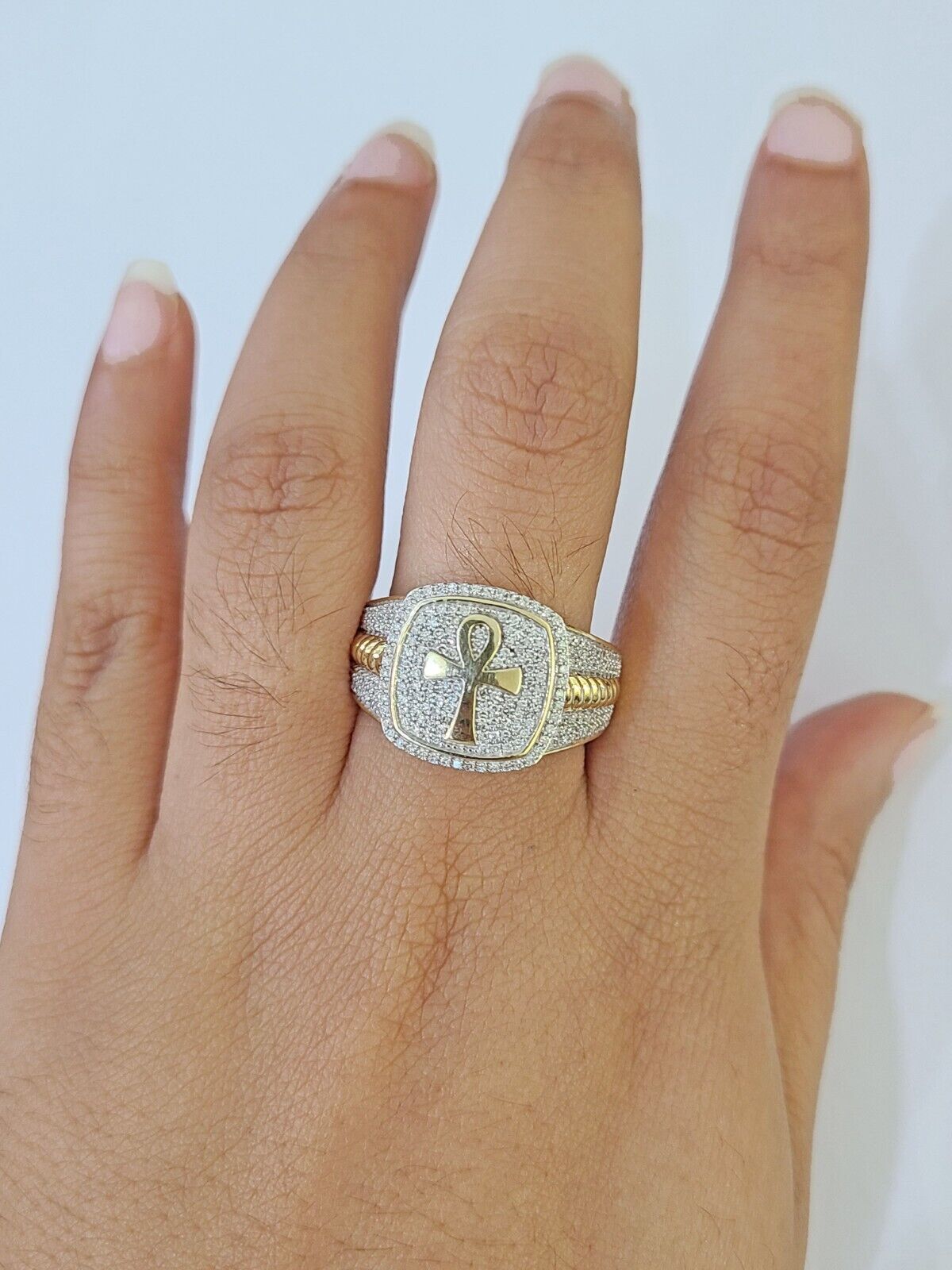 Real 10k Yellow Gold Diamond Mens Ring Ankh Cross Band Wedding Genuine Natural - Reva Jeweler