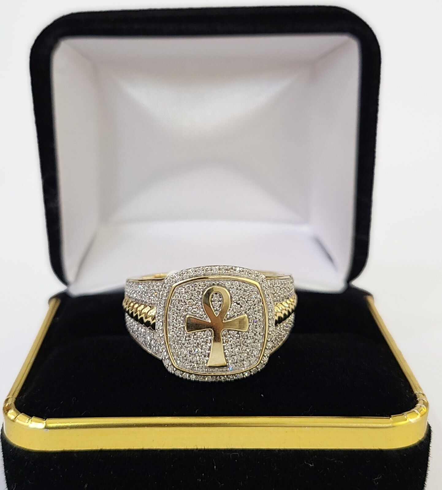 Real 10k Yellow Gold Diamond Mens Ring Ankh Cross Band Wedding Genuine Natural - Reva Jeweler