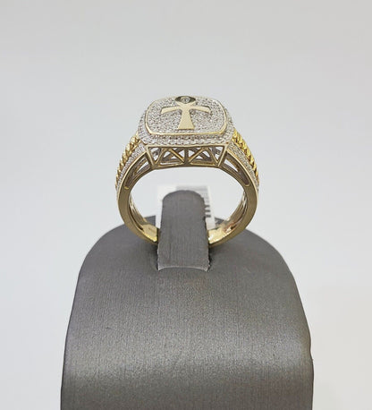 Real 10k Yellow Gold Diamond Mens Ring Ankh Cross Band Wedding Genuine Natural - Reva Jeweler