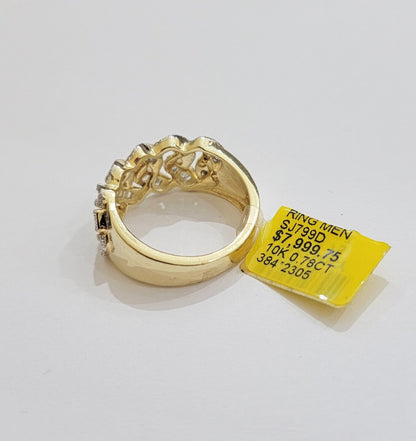 Real 10k Yellow Gold Diamond Mens Ring Cuban Link 0.78CT Natural Diamond SIZE 10 - Reva Jeweler