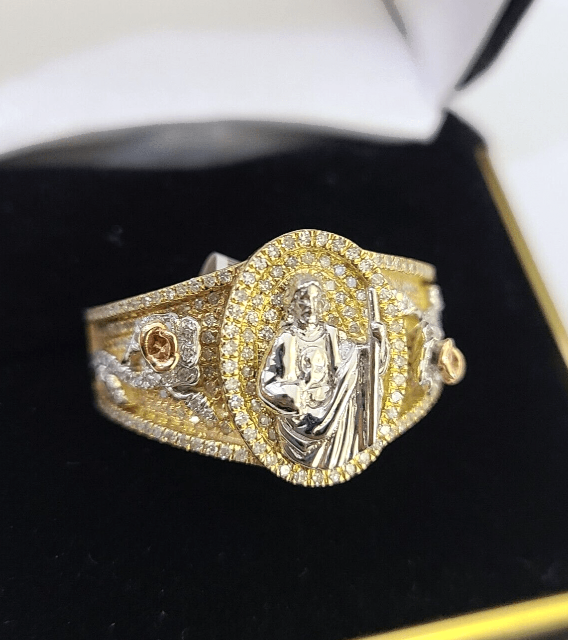 Real 10k Yellow Gold Diamond Mens Ring Jesus Band Wedding Casual Genuine Natural - Reva Jeweler
