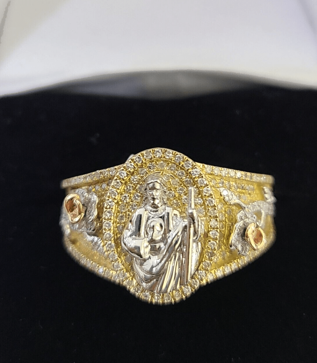 Real 10k Yellow Gold Diamond Mens Ring Jesus Band Wedding Casual Genuine Natural - Reva Jeweler