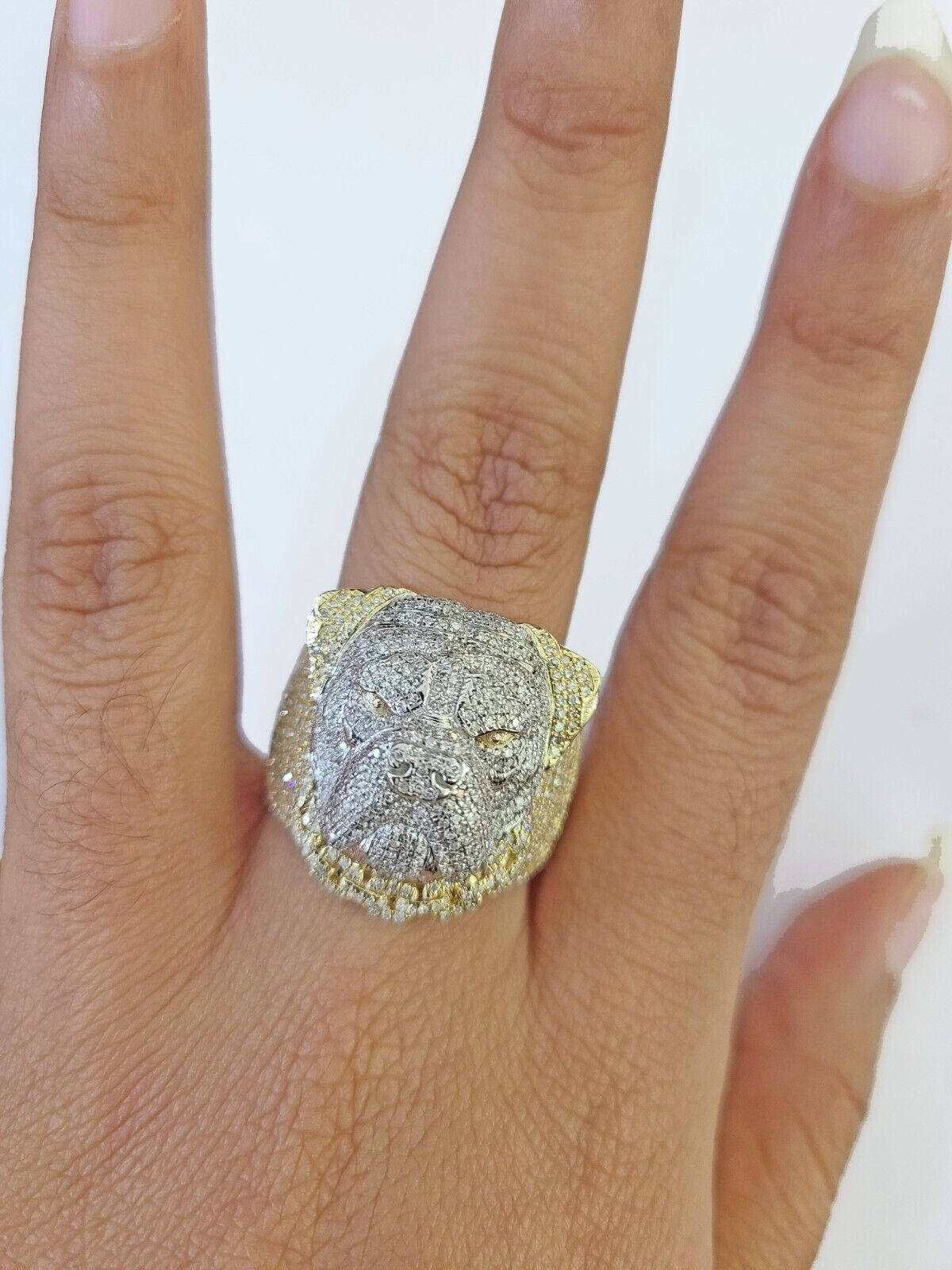 Real 10k Yellow Gold Diamond Ring Dog Face Shaped Men Ring - Reva Jeweler