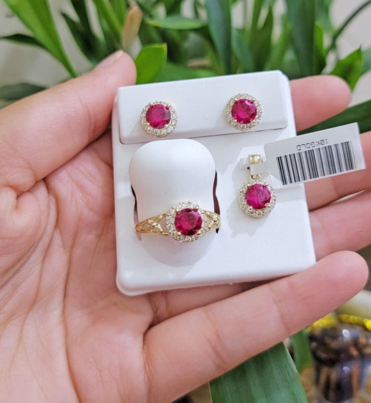 Real 10k Yellow Gold earring ring and pendant Ruby set for ladies / Women , 10KT - Reva Jeweler