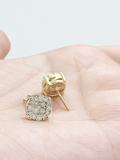 Real 10k Yellow Gold Earring Stud Diamond Round Design Men Women Screw Back - GoldenlinQ