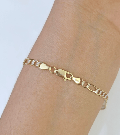 Real 10k Yellow Gold Figaro link Bracelet 3mm 7.5" Inch Men women Diamond Cut - GoldenlinQ