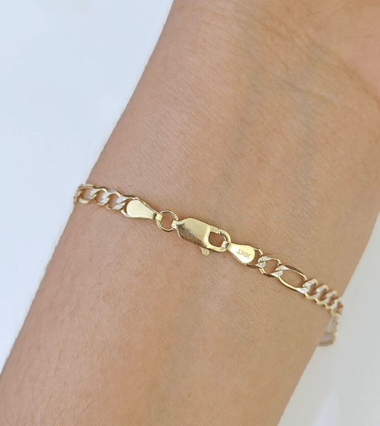 Real 10k Yellow Gold Figaro link Bracelet 3mm 7.5" Inch Men women Diamond Cut - GoldenlinQ