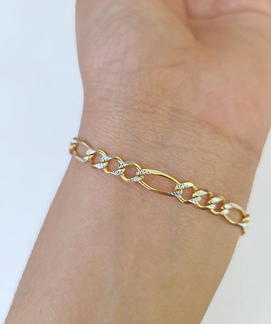 Real 10k Yellow Gold Figaro link Bracelet 5mm 8" Inch Men women Diamond Cut - GoldenlinQ