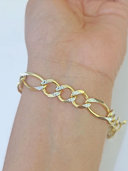 Real 10k Yellow Gold Figaro link Bracelet 9mm 8.5" Inch Solid Diamond Cut - GoldenlinQ