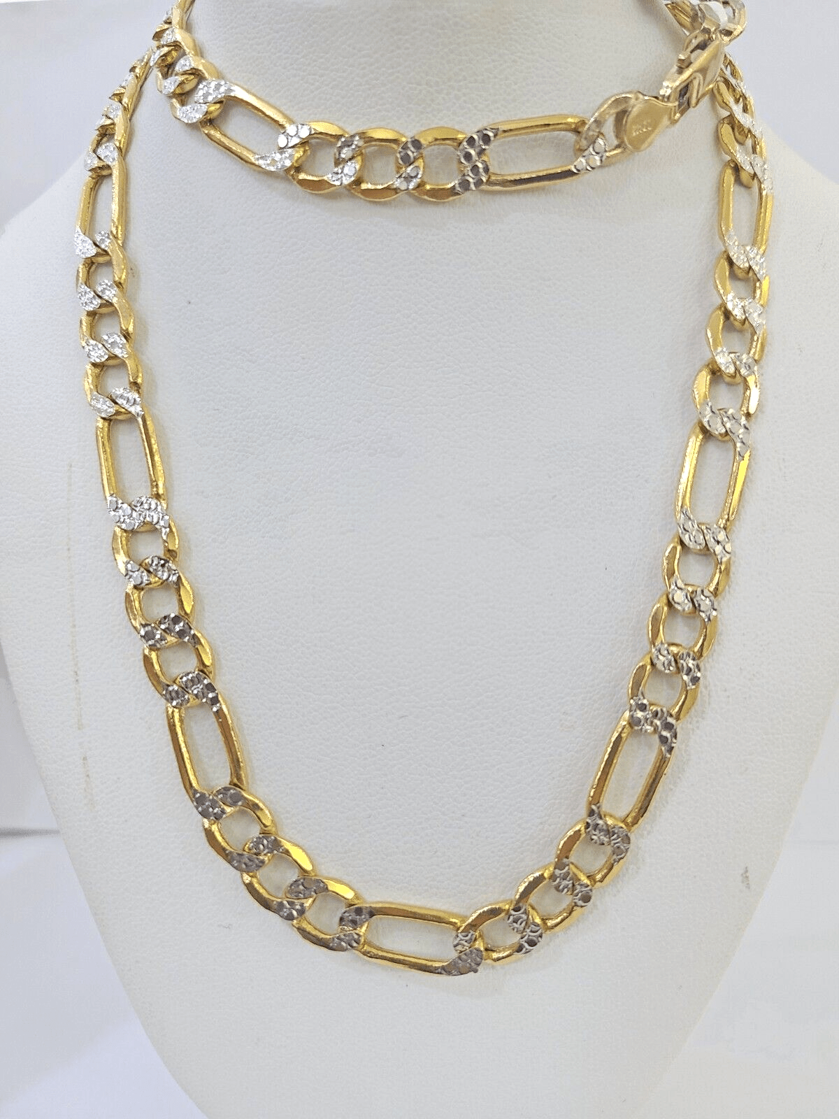 Real 10k Yellow Gold Figaro Link Chain 7mm 24 Inch Diamond Cut Necklace - Reva Jeweler