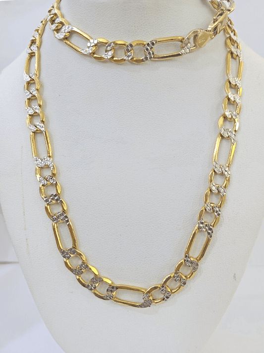 Real 10k Yellow Gold Figaro Link Chain 7mm 24 Inch Diamond Cut Necklace - Reva Jeweler